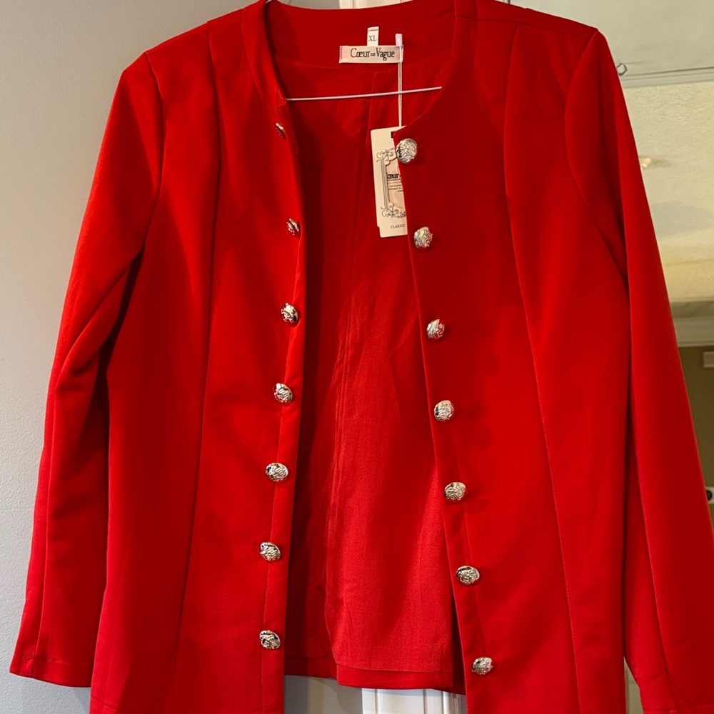 Chic Red Women's Blazer with Silver Buttons